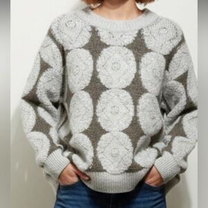 Zara Wool Blend Sweater Size Large Boucle Knit Circle Print Oversized Grey Brown